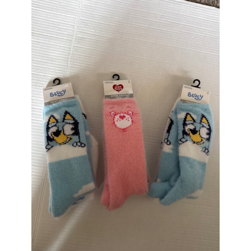 Bluey and Care Bears Fuzzy Boot Socks Bundle 3-Pack 6 Pairs Total Shoe Size 4-10